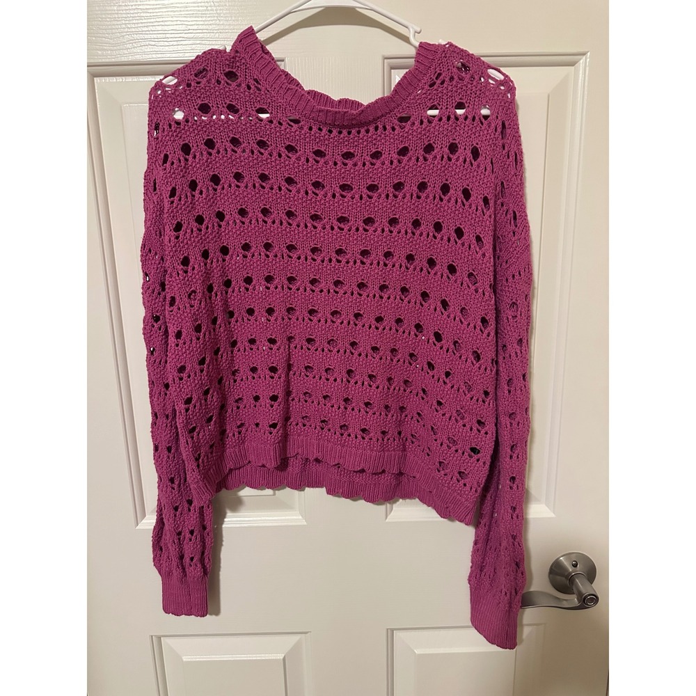 Major Label Group Sweater Womens S Pink Crochet Knit Scalloped Hem Open Work Top